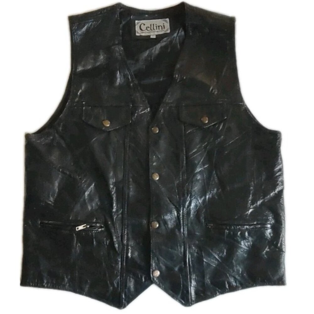 Cellini Black Leather Vest Men Size Large Satin Lining Biker Snap Closure